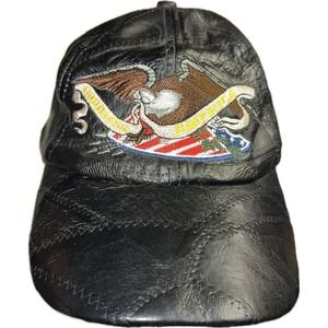 Vintage 90s‎ God Bless America Black Leather Patchwork Strapback Dad Hat Cap